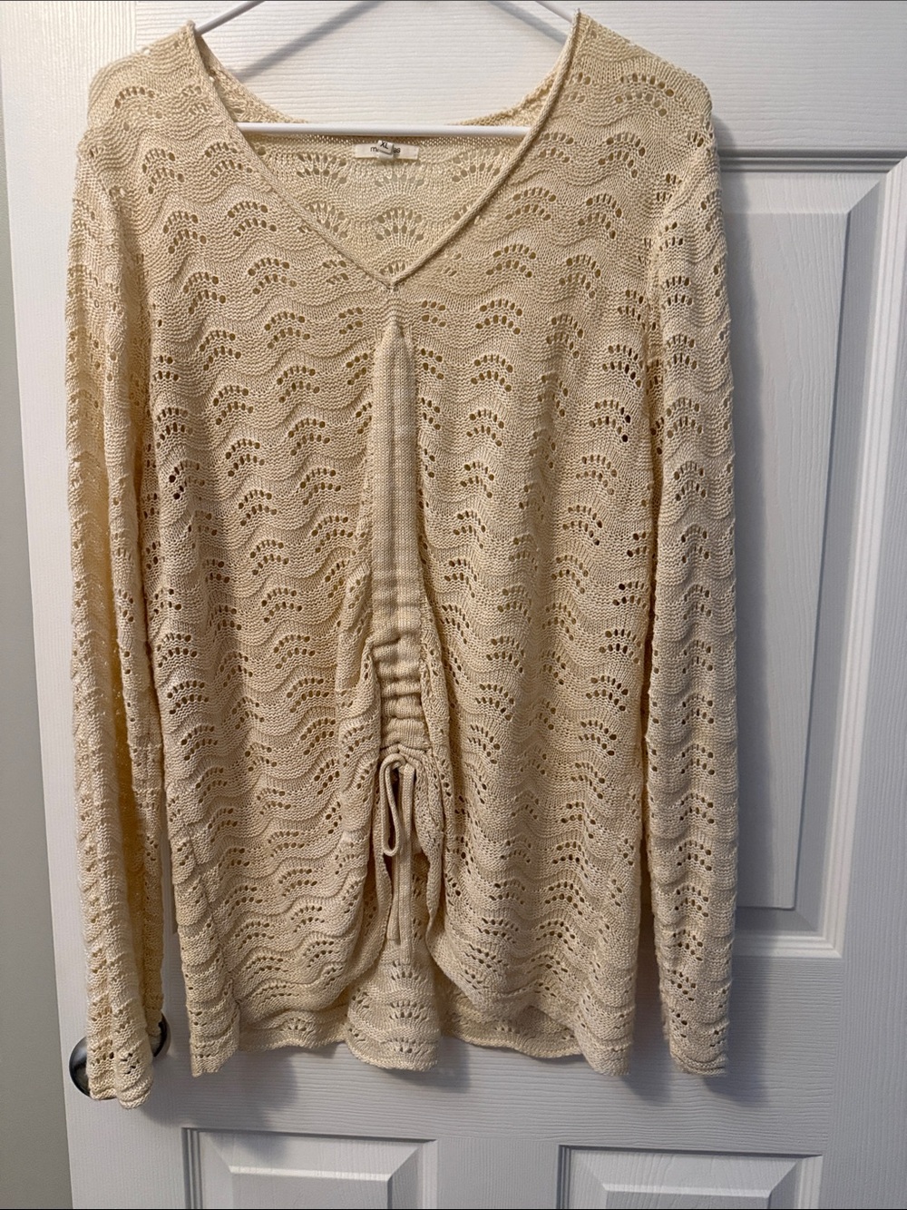 Maurices Cream Open-Knit V-Neck Sweater with Front Drawstring